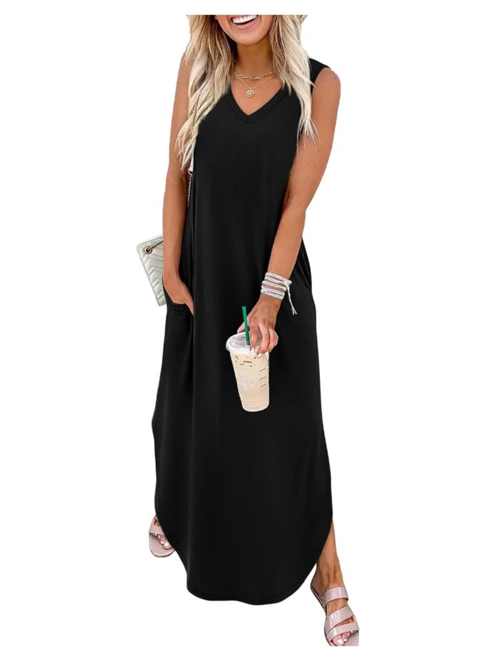 V-Neck Maxi Dress with Pockets Sleeveless Side Slit Summer Beach Vacation